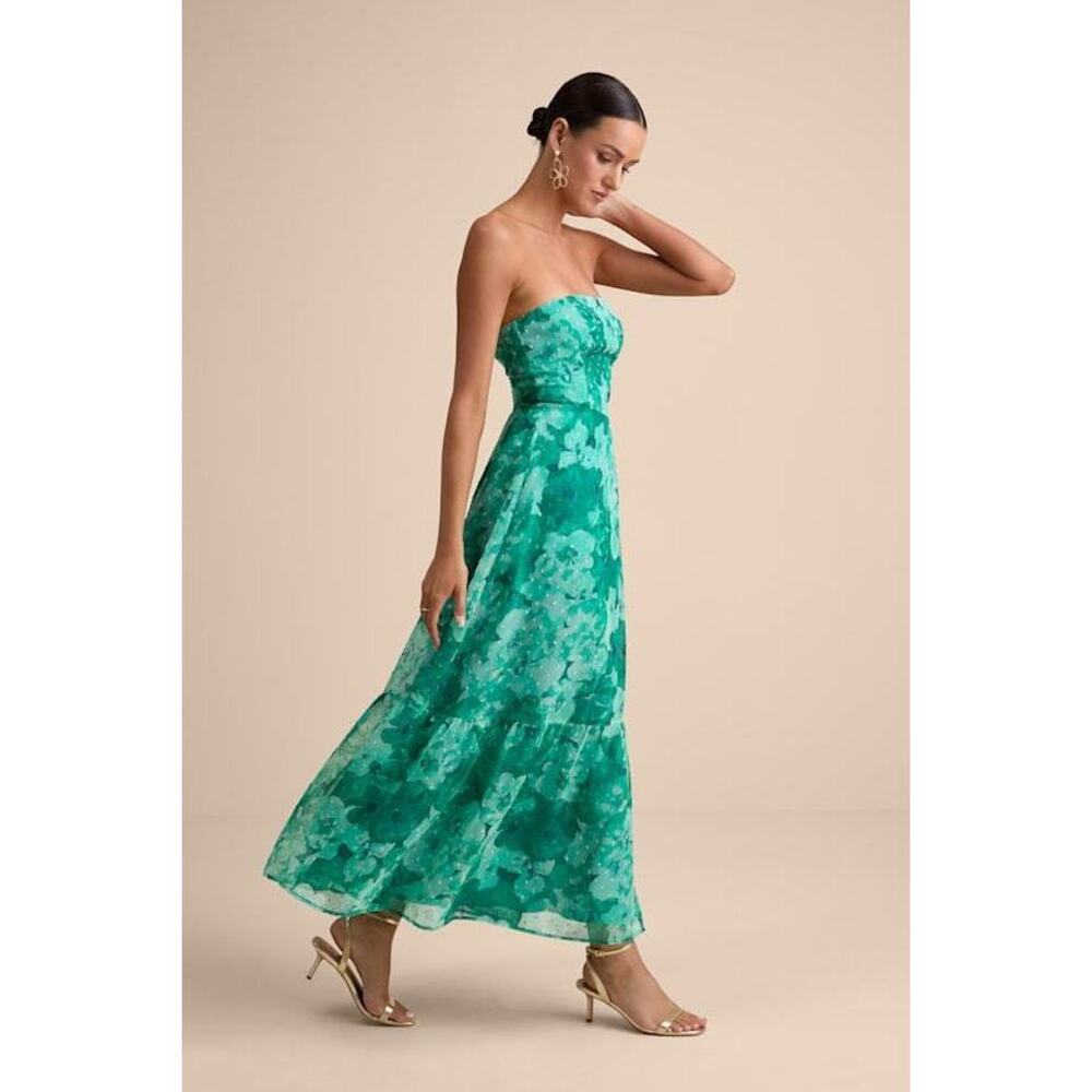 Lulus Bright Perspective Teal Floral Strapless Midi Dress Green - Size S